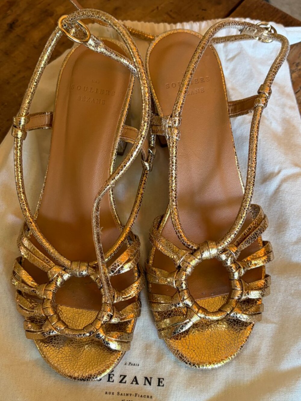 Stunning Sezane Gloria Gold High Heel Sandals sz 36 US 6